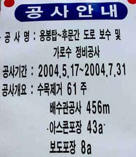 공사 안내판에는 "나무를 61구 제거하고 도로 공사를 할 것'이라는 계획이 명시돼 있다. 